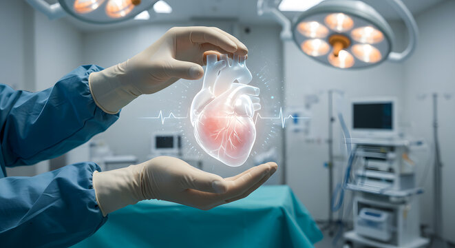 Surgeon hands holding a heart hologram in operating room a concept for future medical technology innovation in cardiology surgery healthcare treatment and diagnosis