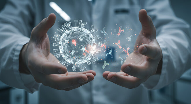 Scientist hands holding virus antibody hologram a concept for immunology research vaccine development and future medicine for disease protection and healthcare innovation