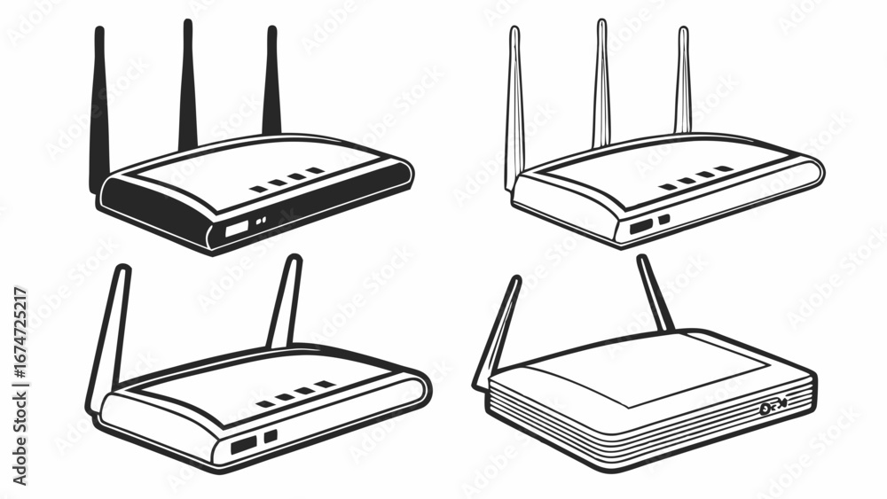 Poster wi-fi router set. wireless internet network devices for home and office connectivity. technology vec