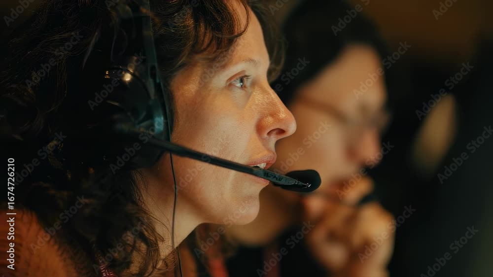 Poster medium shot of interpreters focused face as they read script via monitor headset mic visible backgro