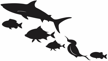Shark, fish, and aquatic bird silhouettes. Marine food chain concept. Ocean wildlife predator prey ecosystem.