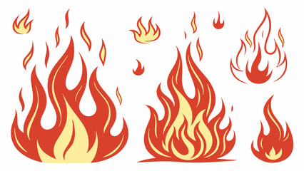 Fire flames vector illustration set. Collection of burning hot red orange yellow blaze graphic elements for danger, heat, and energy.