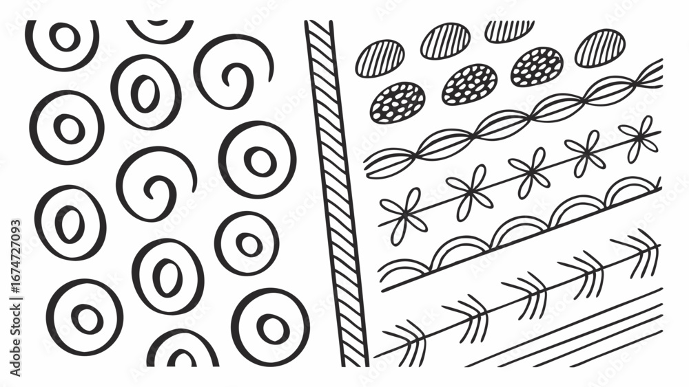 Poster hand drawn doodle patterns, abstract black and white line art vector design elements. simple decorat