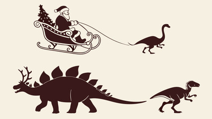 Naklejka premium Funny Christmas Santa Claus with dinosaur reindeer. Holiday illustration of Santa in a sleigh pulled by a dino and festive tree.