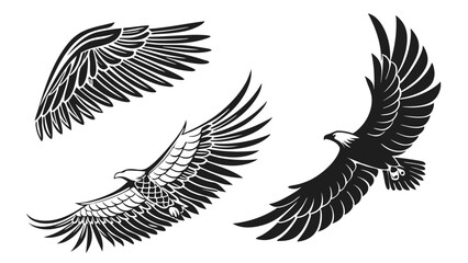 Fototapeta premium Flying eagle wings and majestic eagles set. Bird predator symbol. Freedom, power, strength concept. Isolated vector graphic design.