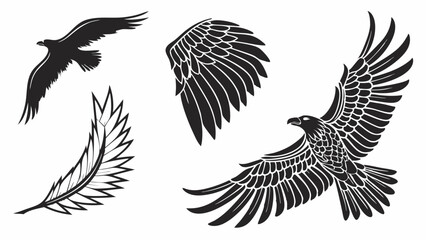 Obraz premium Eagle and bird wings set, flying black eagle, feather, silhouette designs, freedom, power, strength, tattoo vector elements.