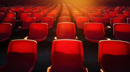 Obraz premium Empty red stadium seats at sunset, rows stretching to the horizon.