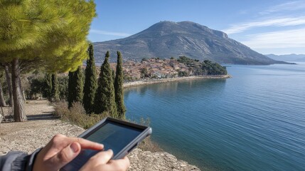 Person using digital tablet outdoors, scenic background - texture design background pattern abstract