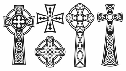 Celtic crosses collection. Traditional Irish Christian religious symbols with decorative knotwork. Ancient spiritual design elements.
