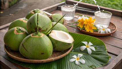 Authentic cultural food photography of fresh green coconuts arranged in a traditional Kerala-style display, resting on broad, glossy banana leaves that form a natural platter on a rustic wooden surfac