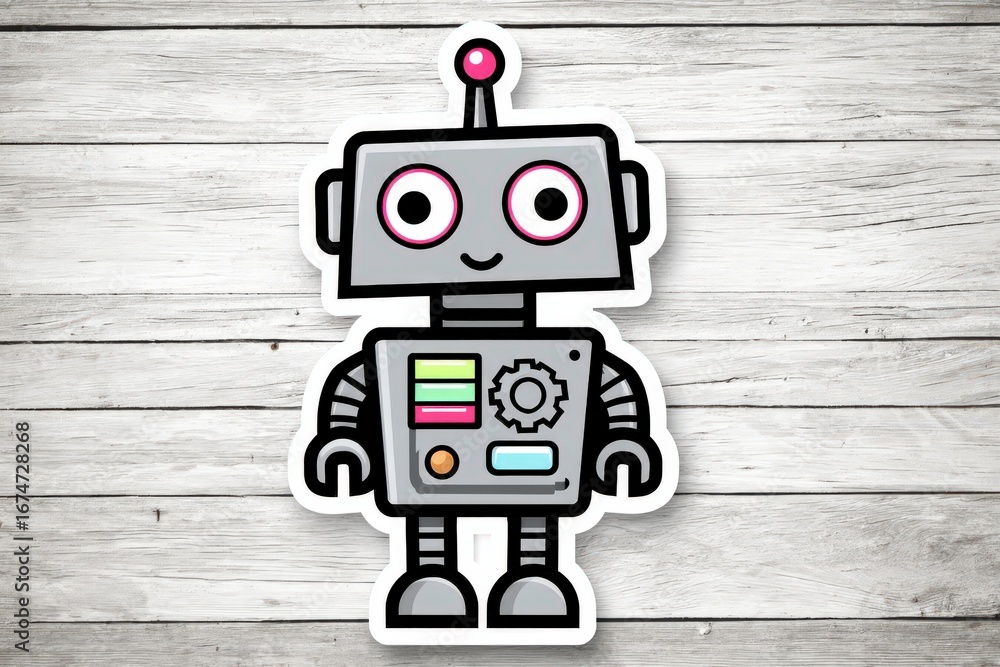 Poster playful cartoon robot character with vivid colors and engaging design standing against a rustic wood
