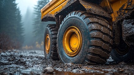Heavy machinery with large tires in mud near a forest.
