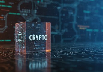 The image presents a glowing 'CRYPTO' cube set on a high-tech circuit board, highlighting digital currency.