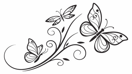 Elegant decorative butterflies with floral swirl design element. Beautiful black and white nature art for spring and summer.