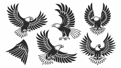 Eagle vector illustrations set. Flying eagles with spread wings, black and white graphic design elements for logos and mascots.