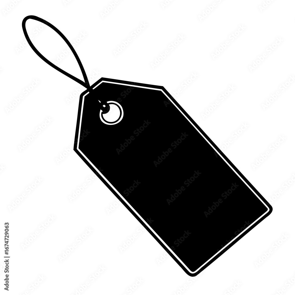 Fototapete a simple black tag with a string loop, isolated, representing a blank label for price, information, 