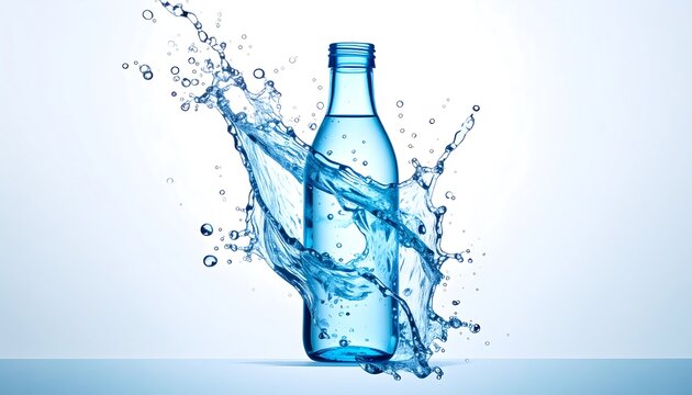 Blue water bottle with splashing water