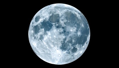 A full moon, pale blue-gray, detailed craters