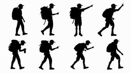 Hiker silhouettes with backpacks men walking pointing and exploring for outdoor adventure travel trekking