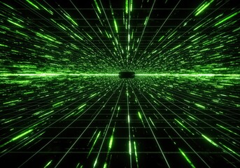 A mesmerizing digital artwork of a glowing green light tunnel with grid lines.