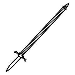 A stylized illustration of a medieval sword with a long, straight blade and a simple crossguard, isolated