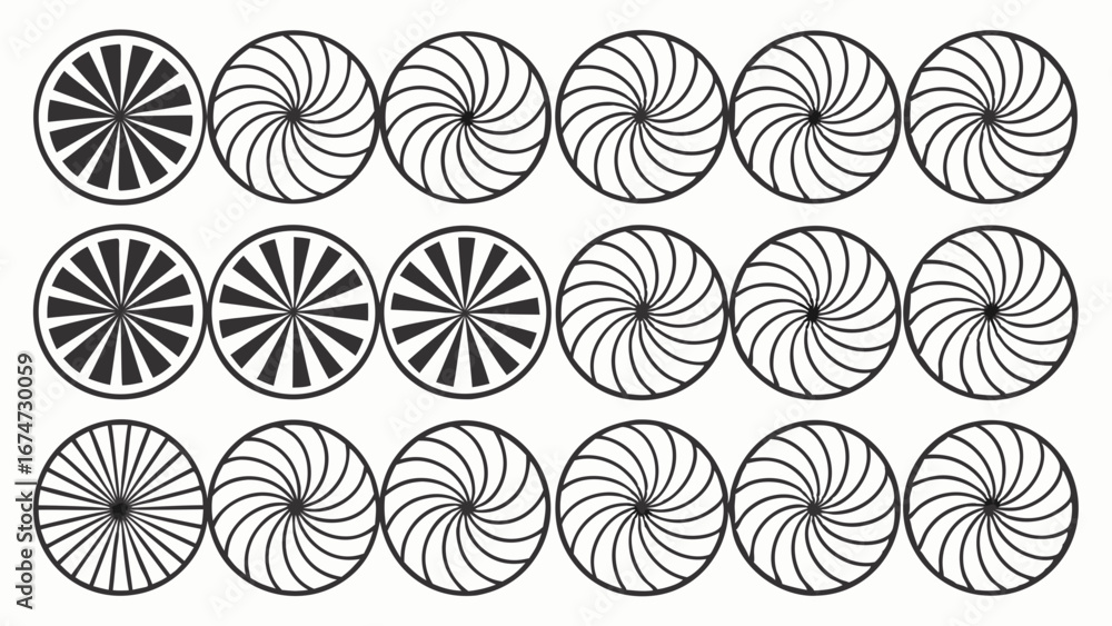 Poster abstract radial and spiral circle patterns. geometric shapes evolving from spokes to swirls. modern 