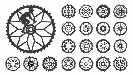 Bicycle gears and cyclist silhouette. Mechanical gear wheels set for cycling sport, engineering, and industrial design.