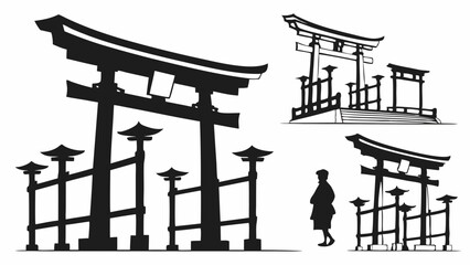 Japanese Torii gate silhouette vector. Traditional Asian shrine entrance architecture illustration. Culture travel symbol isolated.