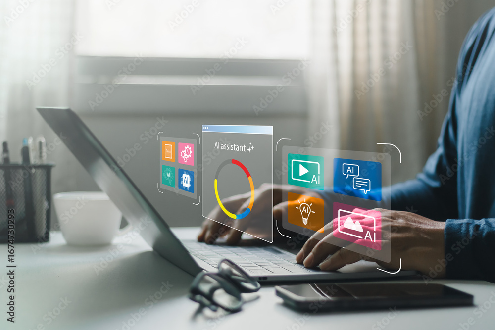 Poster businessman using laptop with ai assistant applications, futuristic digital interface, artificial in