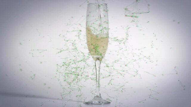 Particles appearing around flute starting networks pulsing and converging showing digital interplay