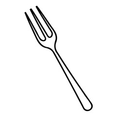 A simple black and white line drawing of a fork, isolated, representing cutlery and dining