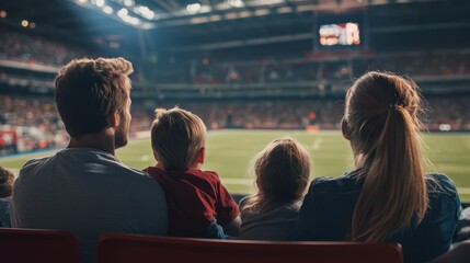 Family of four enjoys a sporting event at a stadium.