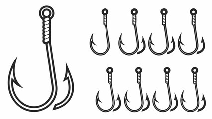 Fishing hooks collection Set of fish hooks for angling sport fishing and bait Black and white vector line art illustration