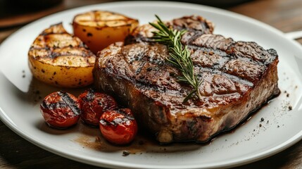 Grilled steak with roasted potatoes and cherry tomatoes.
