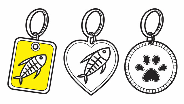 Pet tags dog tags cat tags keychains with fish skeleton and paw print vector illustration for animal identification accessories