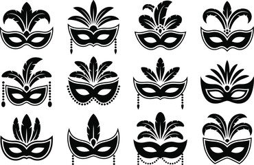 Collection of black and white ornate feathered carnival masquerade mask icons