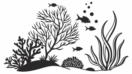 Black silhouette underwater coral reef with swimming fish sea plants and bubbles ocean marine life nature background