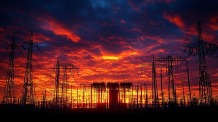 Power lines silhouette against a vibrant orange and blue sunset sky.