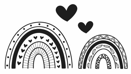 Hand drawn black and white rainbows with hearts. Boho decorative arch design element for kids, baby nursery, and modern illustration.