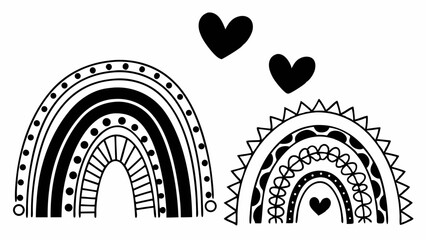 Cute Black and White Boho Rainbows with Hearts. Hand Drawn Doodle Illustration for Kids, Nursery, Love, and Decorative Design.