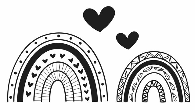 Fototapeta Hand drawn black and white rainbows with hearts. Boho decorative arch design element for kids, baby nursery, and modern illustration.