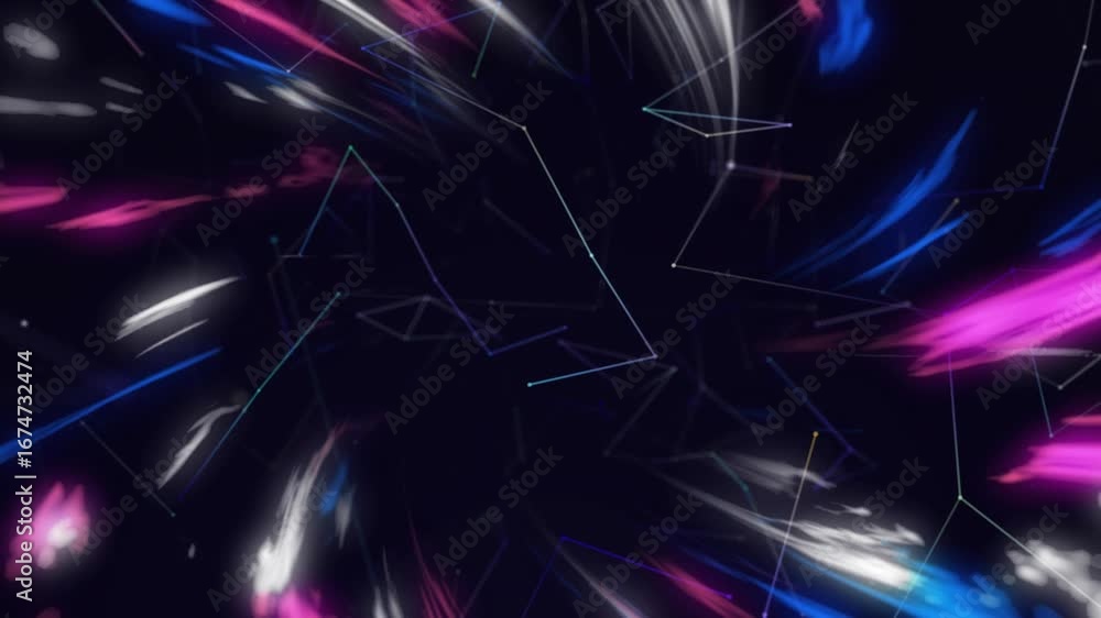 Poster colored streaks flickering through nodes and converging in void, forming technology vortex