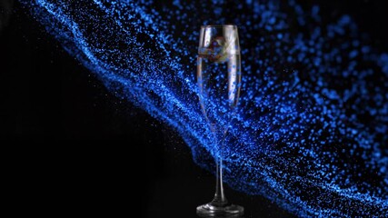 Blue particle wave sweeping glass signaling strawberry dropping into liquid forming crown splash - Powered by Adobe