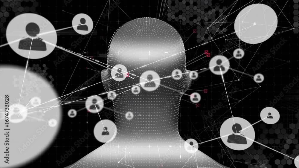 Poster 3d head mesh rotating, deploying user icons on hex grid, glitching technology network expanding
