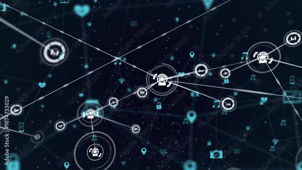 Aufkleber globe-avatar node shooting line linking chart icons expanding tech network simulating data flow