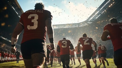 Rugby team running onto field, confetti falling, stadium background.
