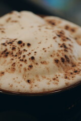 Detailed close-up of a creamy cappuccino foam with chocolate powder. Warm and cozy coffee drink background.