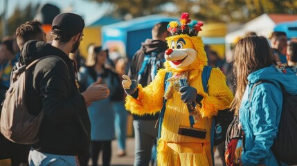 Yellow mascot interacts with people at an outdoor event.