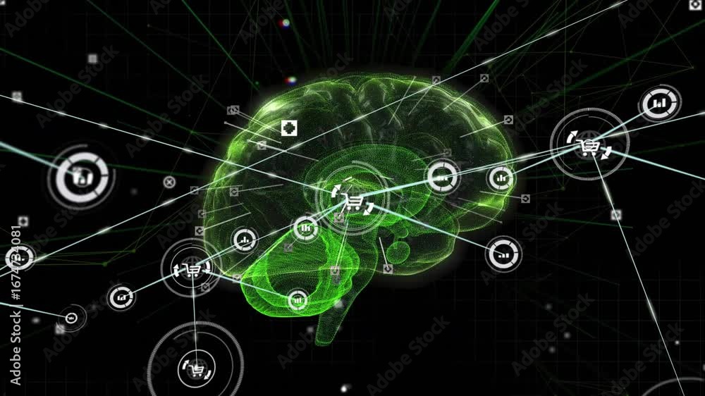 Poster green brain model rotating light sweeping and activating hud icons forming it network