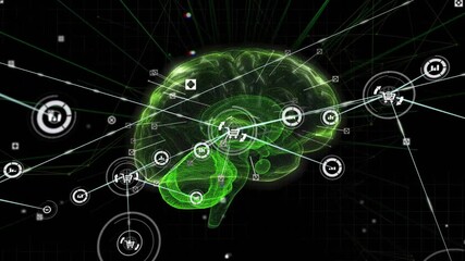 Green brain model rotating light sweeping and activating HUD icons forming IT network - Powered by Adobe